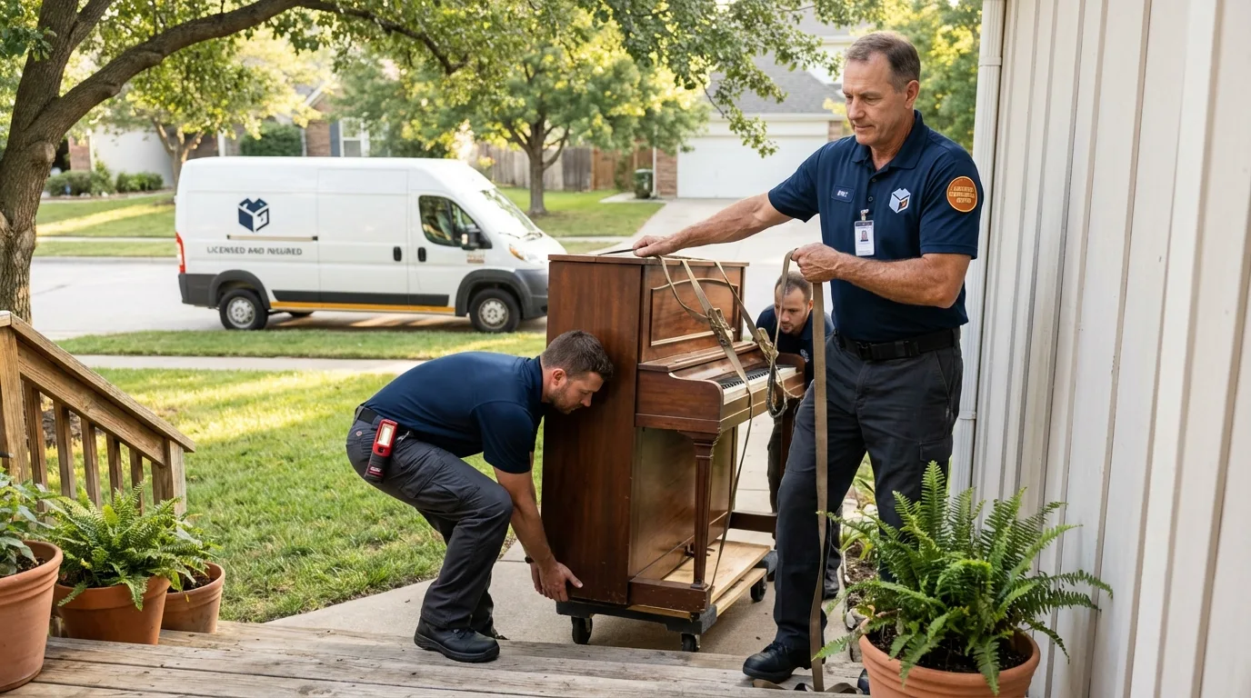 Licensed piano movers securing grand piano in Berea, OH